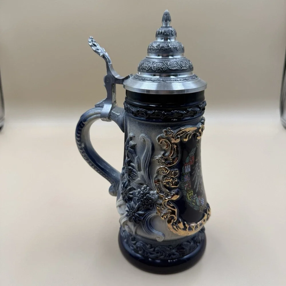 King German Stuttgart Beer Stein Handmade Pewter Lid-Hand Painted 0.5L (8